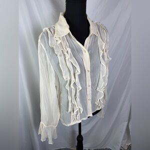 Vintage Papillon Blanc Sheer Cream Ruffle Blouse Size L | Romantic Boho Top